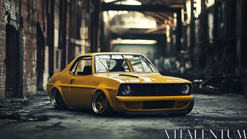 Yellow modified compact car in abandoned industrial hall.
