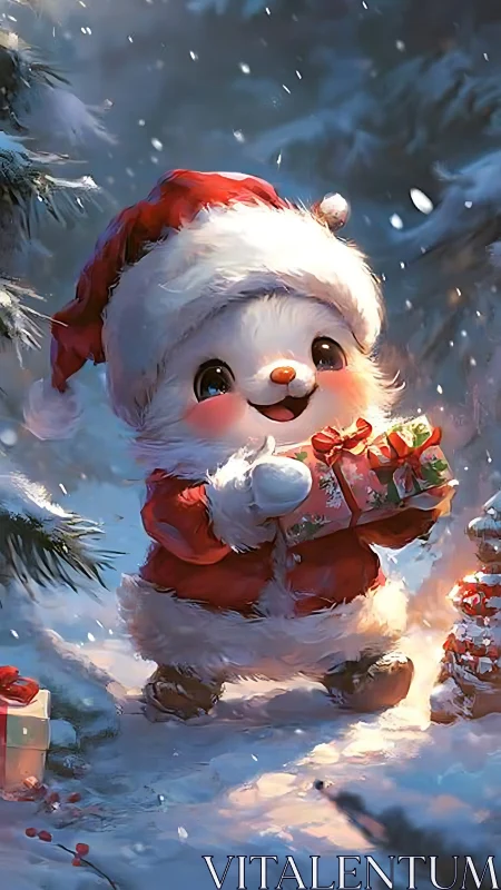 Adorable winter mascot delivers glowing Christmas gifts.