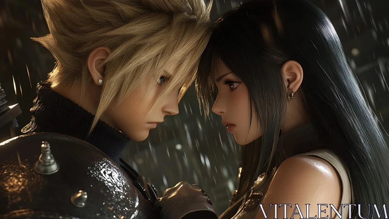 Two digitally rendered figures positioned in profile within rain environment.