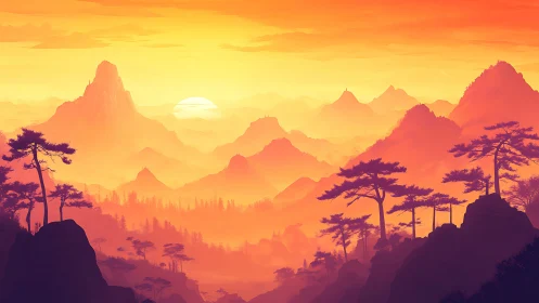 Sunlit misty mountains glow under radiant amber sky.