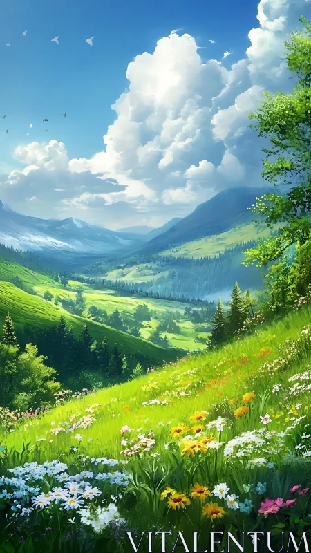 Sunlit alpine meadow slopes toward distant blue mountains.