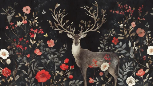 Illustrated stag with floral antlers amid dark botanical field
