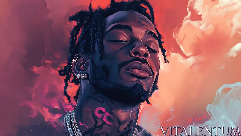 Dreamlike portrait of serene man in glowing clouds digital.