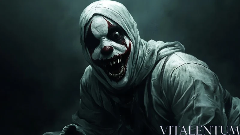 Monstrous hooded clown lunges through cinematic low key fog.