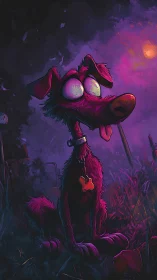 Bug-eyed twilight hound quietly soaks in neon moonrise glow