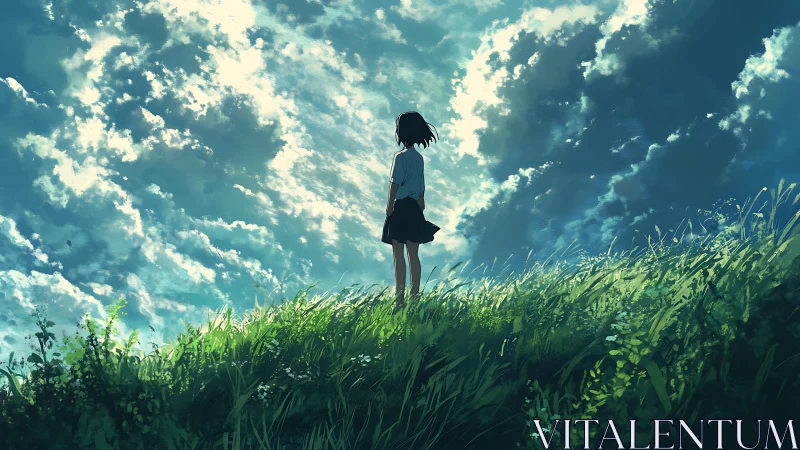 Girl on a sunlit hill under a wide, dream-bright sky.