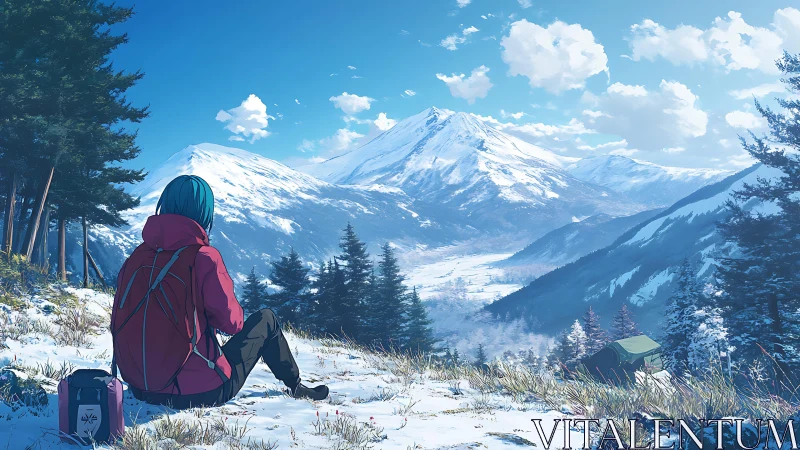 Quiet hiker pauses to admire sunlit snowy mountain valley