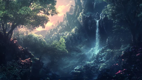 Digitally rendered canyon valley with waterfall and atmospheric lighting effects.