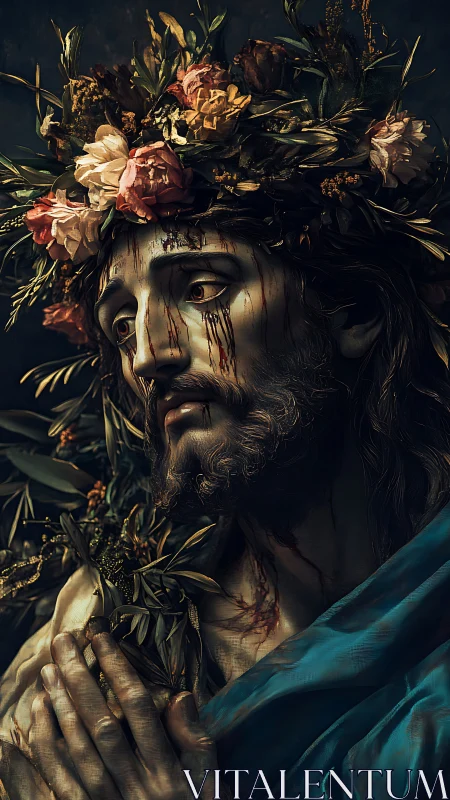 Portrait shows robed figure with floral crown and blood traces