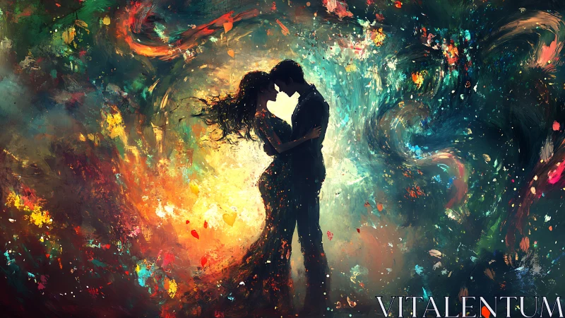 Luminous Silhouette Embrace Against Explosive Abstract Energy.