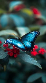 Blue butterfly resting on red flowers in soft focus garden.