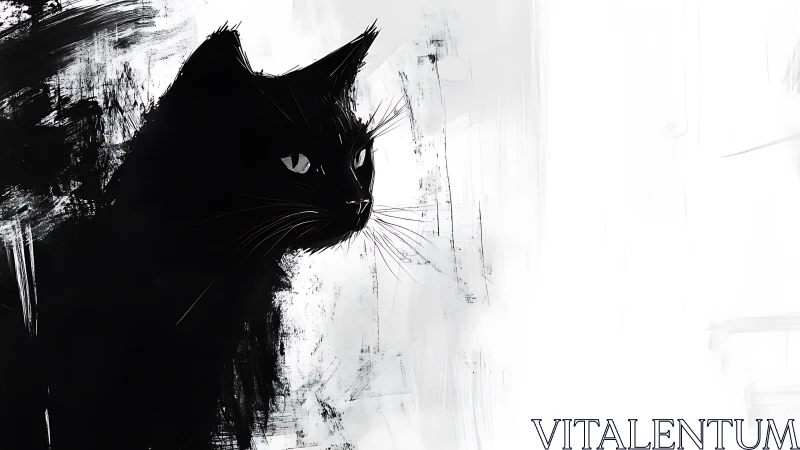 Black Cat Silhouette with Expressive Eyes Against Textured White Background