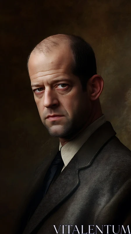 Photorealistic studio portrait of stern middle-aged man in suit.