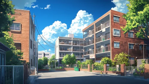 Sunny residential apartment block in quiet urban street.