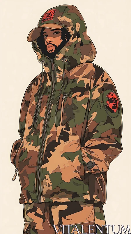 Hooded figure wears camouflage parka with matching cap