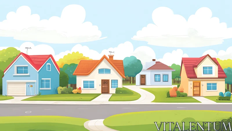 Colorful suburban houses in a quiet, sunny neighborhood street.