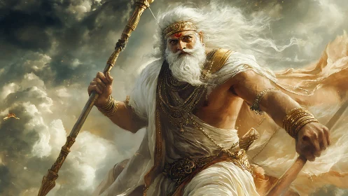 Mythic sky deity in dynamic digital painting composition.