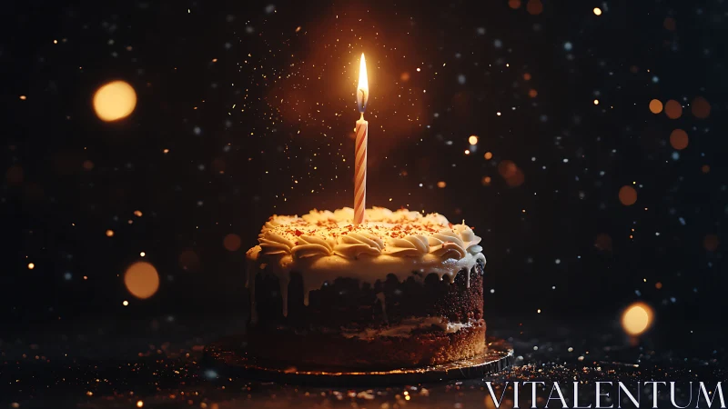 Birthday Cake with Lit Candle Against Bokeh Lights.