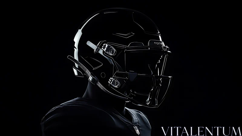 Sleek black football helmet glowing in dramatic shadows.