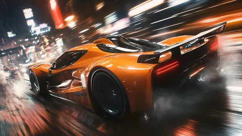 Midnight rain chase with a neon-lit orange supercar.
