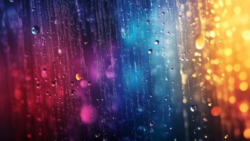 Chromatic rain streaks over neon bokeh gradient window.