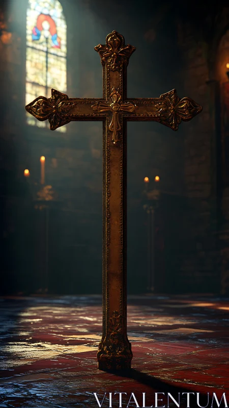 Golden ornate cross stands upright in a dim stone church