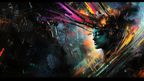 Neon cybernetic portrait exploding through abstract cityscape.