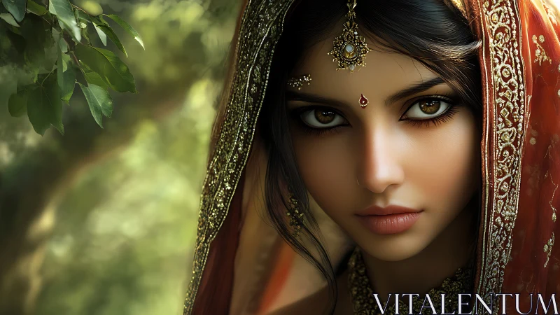 Mystical bride gazes through forest light in ornate red veil