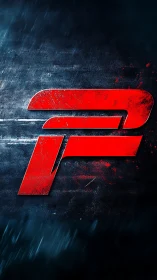 Red stylized racing logo on dark textured background.