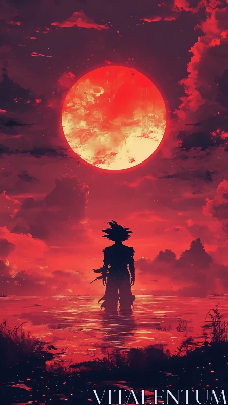 Crimson sky welcomes a lone warrior beneath a blazing moon