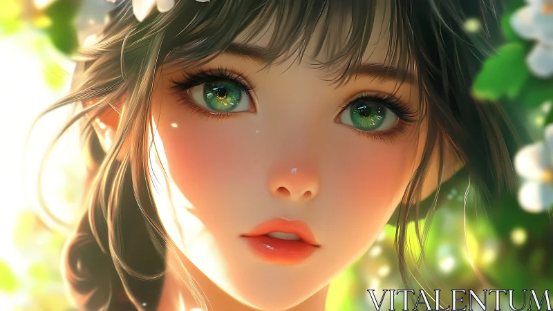Emerald-eyed girl glows in sunlit blossom garden portrait