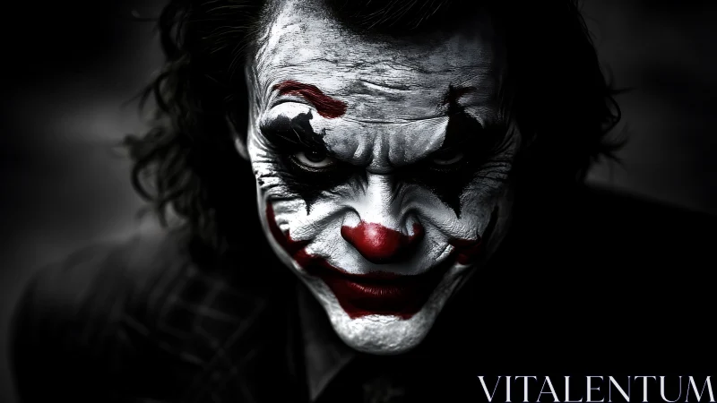 Darkly lit clown&rsquo;s painted face leans in with intense focus