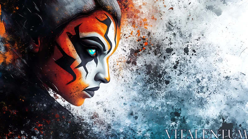 Warrior profile in explosive orange and ice splatter storm.