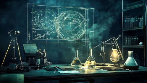 Glowing laboratory table frames ethereal scientific blueprint.