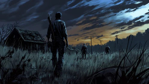 Digital painting of lone survivor crossing post-apocalyptic field.