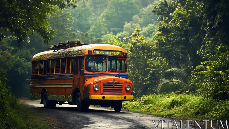 Vintage rural bus on narrow forest road in daylight.