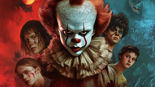 Evil clown looms over frightened injured children portrait