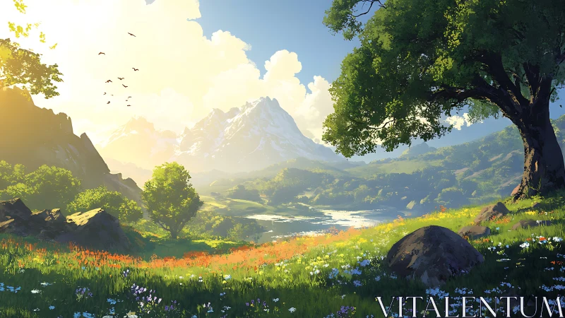 Sunlit alpine valley with wildflower meadow and lone tree.