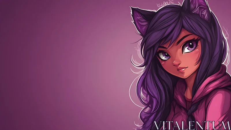 Violet cat-eared girl in hoodie on soft gradient background.