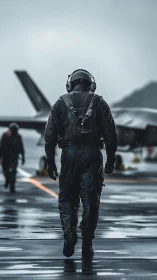 Photorealistic naval aviator on wet carrier deck in rainstorm.