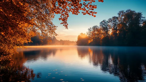 Sunrise warms a tranquil autumn lake in glowing amber light