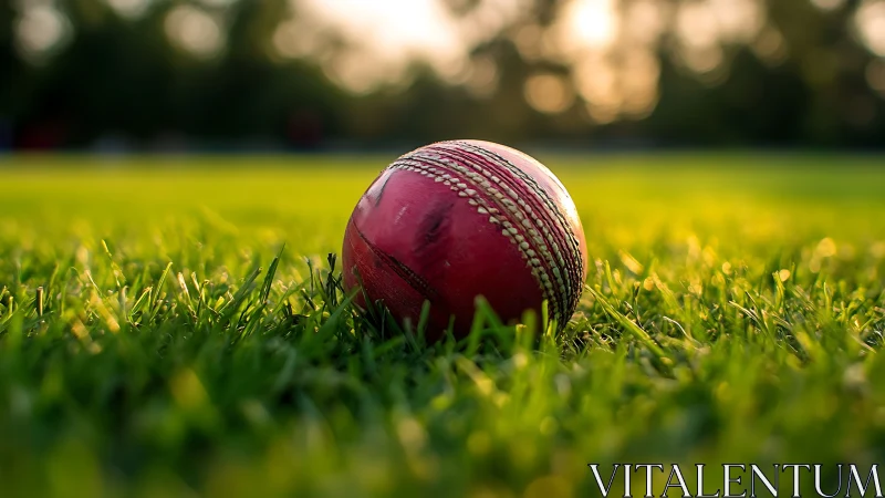 Cricket ball rests on low-cut grass in shallow depth focus