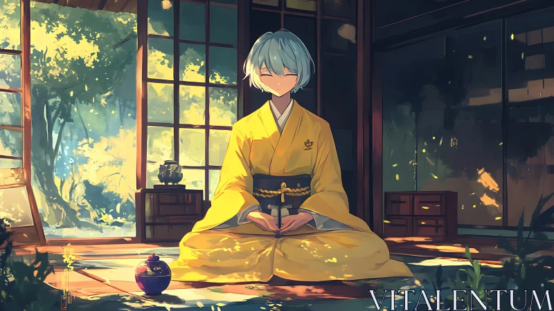 Seated figure in yellow kimono in traditional room interior.