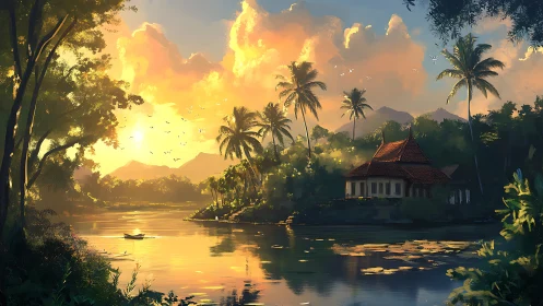 Sunlit river refuge beneath palm crowns at tropical dawn.