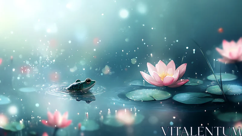 Bioluminescent pond microcosm with frog and lotus bloom.