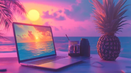 Laptop displays vivid sunset beside pineapple on beach desk