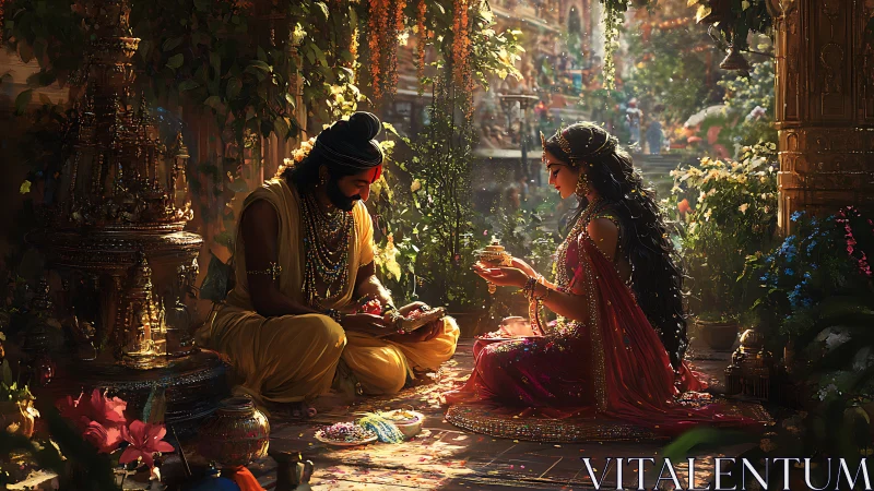 Royal couple share sacred offerings in a sunlit temple garden.