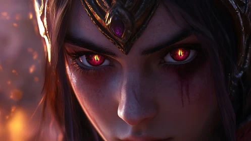 Digital painting close-up of fierce crowned sorceress portrait.