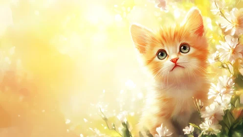 Orange Kitten Portrait in Floral Setting with Warm Lighting