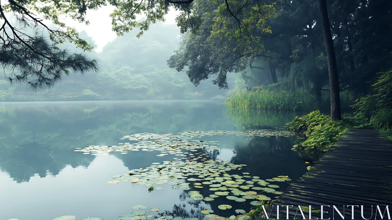 Lakeside boardwalk with water lilies and dense forest canopy.